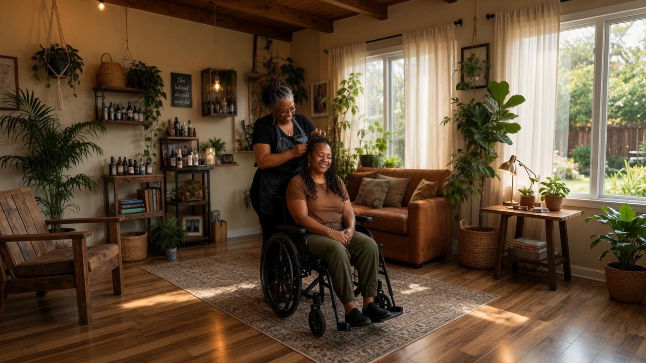 In-home beauty care — professional styling a client at home