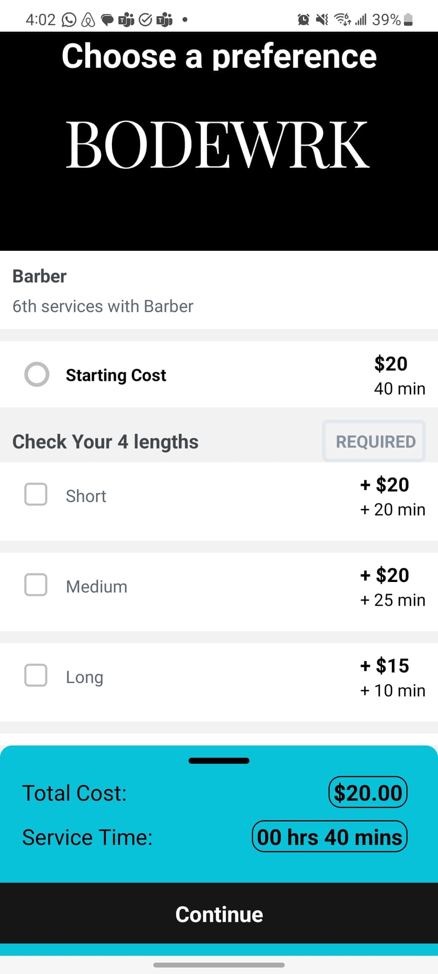 Bodywork app – choose a service category